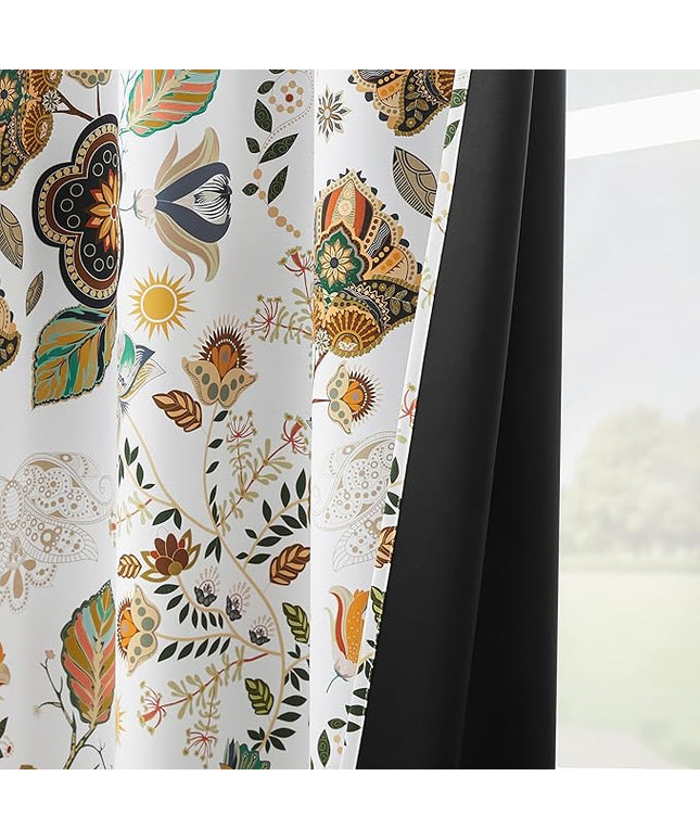 White Vintage Fancy Floral Patterned Blackout Curtains 63 Inch Length Shabby Chic Farmhouse Curtains for Bedroom Living Room Darkening Mid Century Colorful Grommet Black Out Drapes 2 Panels 52x63
