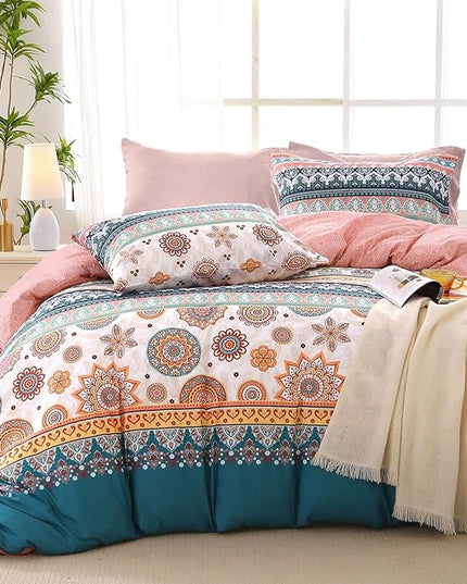 MUXHOMO Full Comforter Set, Bohemian Elegant Floral Print Bed in a Bag 7 Pieces, Ultra Soft & Breathable Reversible Botanical Pattern Bedding Set with Comforter, Sheets, Pillowcases, and Shams
