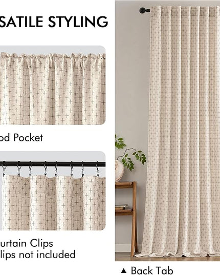 MIULEE Decorative Back Tab Linen Curtains with Geometric Pattern for Living Room Bedroom Farmhouse Rustic Thick Woven Textured Patterned Mudcloth Drapes 84 Inches Long 2 Panels Set, Beige