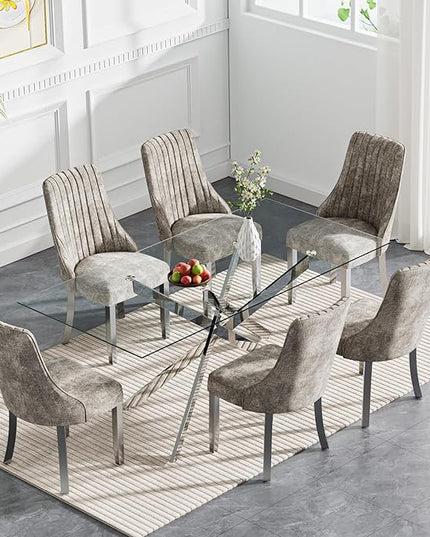 Rectangle Glass Dining Table Set for 6, 60'' Kitchen Table and Chairs Set, 7PCS Modern Dining Room Table Set with 6 Dining Chair for Home