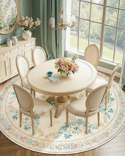 jinchan Round Rug 7ft Area Rug Vintage Floral Distressed Design Machine Washable Soft Non-Slip Low-Pile Ultra-Thin Circle Rug for Living Room Dining Room Bedroom Home Office (7' Round, Apricot Multi)