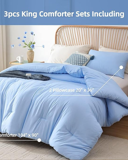 ROSGONIA King Size Comforter Set Light Blue, 3pcs King Comforter Set (1 Comforter & 2 Pillowcases) All Season Soft Lightweight Bedspread Blanket Quilt