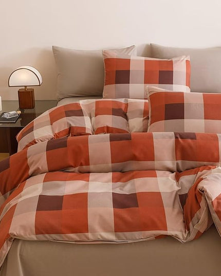 Luxlovery Checkered Red Khaki Comforter Set Twin Gingham Plaid Comforter Teens Kids Bedding Set Fluffy Soft Grid Khaki and Red Blanket Quilts with 2 Pillowcases