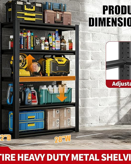 Heavy Duty Garage Shelving, Metal Storage Shelves, Adjustable 5 Tier Metal Shelving Unit, Industrial Utility Rack for Garage, Warehouse, Workshop, 12" D×27.5" W×60" H, Black