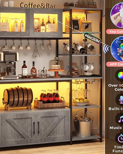 Itaar Bakers Rack with Power Outlet and LED Light, 45.3 Inch Farmhouse Coffee Bar Cabinet, Kitchen Microwave Stand with Storage, Glass Cabinet, Goblet Holder and 8 Hooks (Grey)