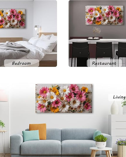 KZKU Rustic Daisy Canvas Wall Art-Large Floral Print on Weathered Blue Wood Background- Modern Farmhouse Decor for Living Room Bedroom20X40in