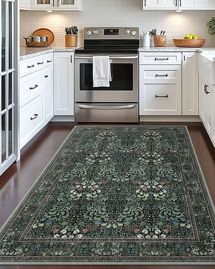 4x6 Modern Rug for Farmhouse, Dark Green Super Soft Washable Rug with Non-Slip, Low-Pile Indoor Door Area Rugs for Living Room Bedroom, Carpet with Non-Shedding