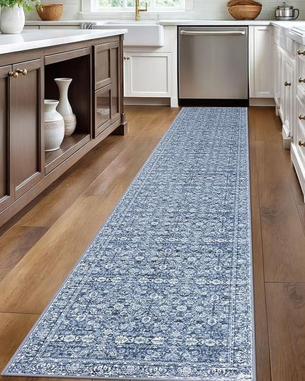 2x12 Runner Washable Rug for Kitchen, Blue Soft Classic Runner with Non-Slip, Non-Shedding Distressed Floral Rug for Hallways Entryway Bedroom Bathroom Laundry Indoor