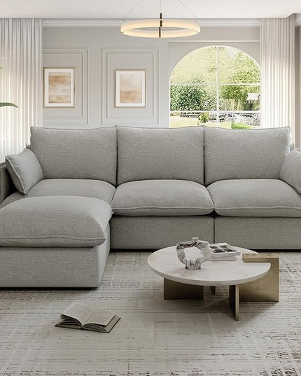 94.6" Cloud Modular Sectional Sofa, Waterproof Down Filled Sectional Sofas, High Backrest L Shaped 3 Seater Sectional Couches with Ottoman, Modular Couch with Removable Cover, Light Gray