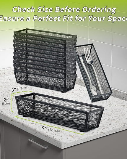 Neudeco Silverware Organizer,Mesh Drawer Organizer for Kitchen，Metal Utensil Organizer for Flatware, Knives, Spoons,Cosmetic (Black 9 * 3 * 2 inch Pack12)