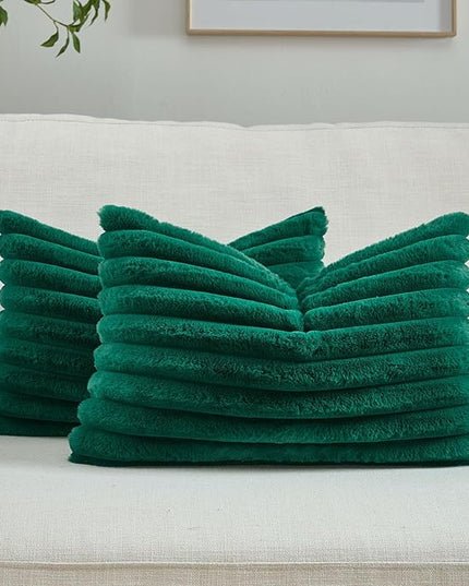 FUTEI Emerald Green Throw Pillow Covers Set of 2, 12x20 Inch Striped Texture Lumbar Pillow Cases with Soft Faux Rabbit Fur Front & Velvet Back, Modern Decorative Couch Pillows for Living Room