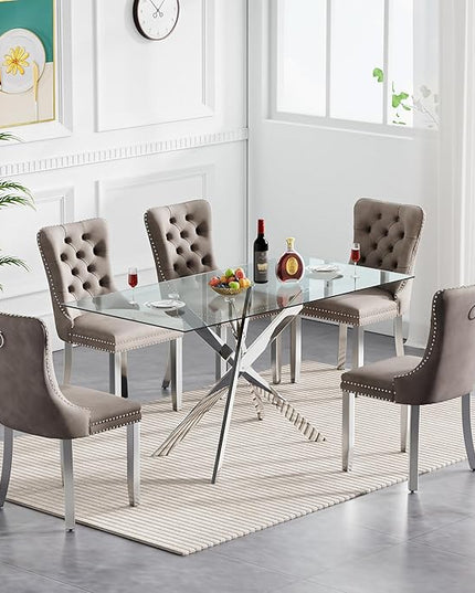 60.63in Rectangular Glass Dining Table Set for 6, Glass Kitchen Table and Chair Set for 6, Modern 7 Piece Dining Room Set with 6 Fabric Upholstered Chairs, Silver Metal Legs Home Kitchen Furniture