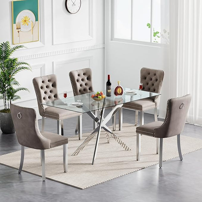 60.63in Rectangular Glass Dining Table Set for 6, Glass Kitchen Table and Chair Set for 6, Modern 7 Piece Dining Room Set with 6 Fabric Upholstered Chairs, Silver Metal Legs Home Kitchen Furniture