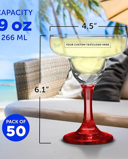 DISCOUNT PROMOS 50 Margarita Glasses Set, 9 oz. - Personalized Text, Logo - Classic, Smooth, Barware, Glassware - Red