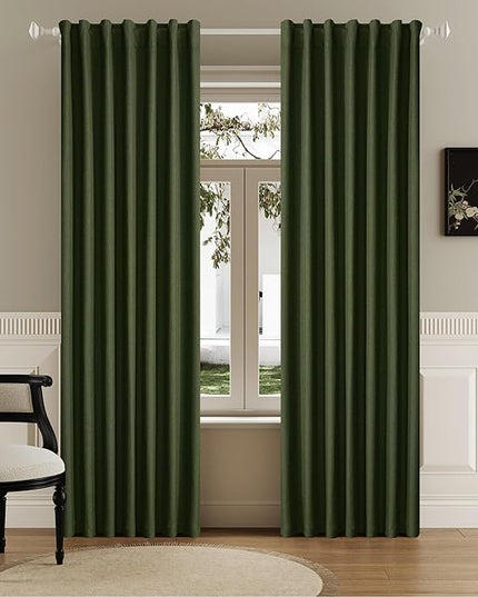 Full Blackout Olive Green Curtains 63 Inch Long Linen Textured Curtains Thermal Insulated Heat Blocking Noise Reducing Vintage Drapes for Nursery Bedroom Rod Pocket&Back Tab 2 Panels 50W x 63L
