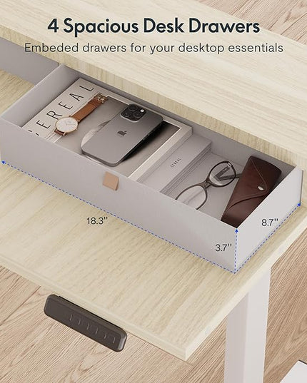 FLEXISPOT 63" L Shaped Standing Desk with Shelf Electric Corner Table, Drawers, Adjustable Computer Workstation for Home, Office,USB Charging Port, 63x55in, Light Maple Top + White Frame
