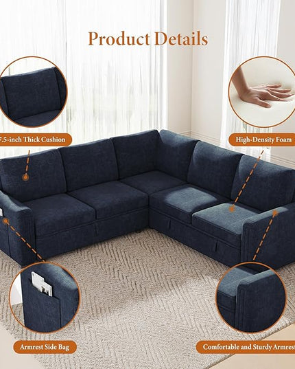 Vesgantti 88.4" Sleeper Sectional Couch with Pull Out Bed, 5 Seater L Shaped Modular Sectional Sofa with Storage, Comfy Chenille Modular Sofa for Living Room, Bedroom, Apartment, Blue