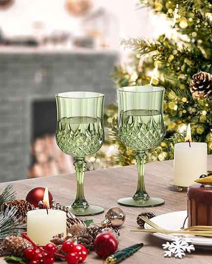 XUWAIDSGN 24 Pcs 7oz Plastic Vintage Wine Glasses Drinking Glasses Unbreakable Wedding Glassware Crystal Water Goblets Reusable Drinkware Vintage Champagne Flutes (24, Dark Green)