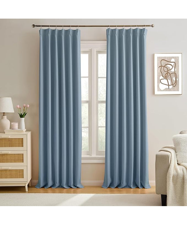 Slate Blue Blackout Curtains 90 Inches Long, Pinch Pleat with Hooks, Black Out Drapes Thermal Insulated Modern Elegant Greyish Blue Darkening Window Curtain Panels for Kids Nursery 40X90-in