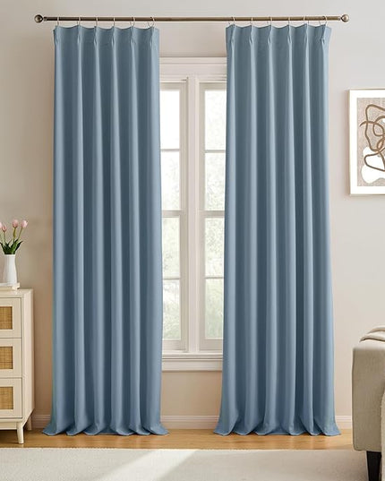 KEQIAOSUOCAI Dusty Blue Pinch Pleated Curtains 126 Inches Long Room Darkening Draperies Luxury Decor for Living Room Nursery (Stone Slate Blue 40x126 Inch 2 Panels)