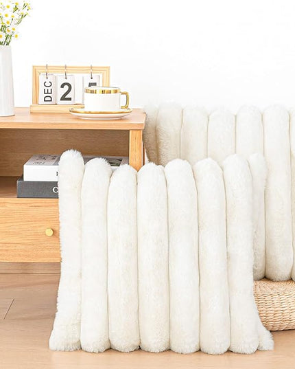 Touchat Pack of 2 Faux Fur Pillow Covers, 18x18 Inch Decorative Throw Pillow Covers with Hidden Zipper, Ultra Soft Couch Cushion Pillows Covers for Sofa/Bedroom Wide Stripe, White