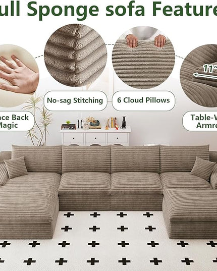 136" Cloud Couch Modular Sectional Sofa for Living Room, U-Shape Boneless Couch with Deep Seat, Modern Corduroy 4-Seater with Ottoman, No Assembly Required (Camel,Left-Facing Chaise)