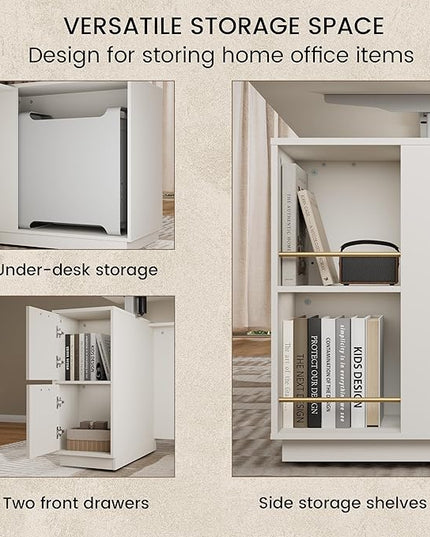 71" Standing Desk with Storage, Large One-Piece Desktop, Electric Height Adjustable Stand Up Executive Desk, Privacy Panel, AC/USB, Host Storage, White Rattan