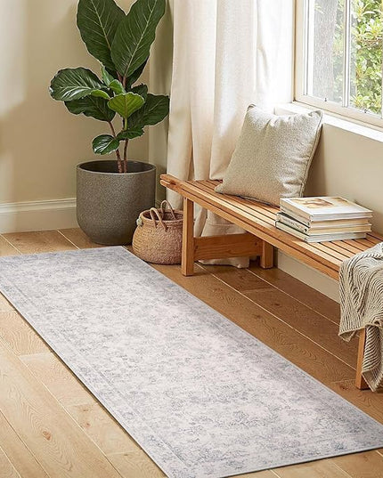 jinchan Runner Rug 2x6 Kitchen Rugs Hallway Runner - Machine Washable Vintage Floral Non-Slip, Low Pile Soft Ultra-Thin Distressed Carpet for Entryway Farmhouse Bedroom Laundry Room (2’x6’, Ivory)