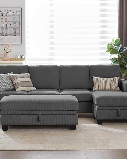 CHIC HOUSE Corduroy Modular Sectional Couch with Ottoman Chaise, L/U Shaped Sleeper Sofa for Living Room, Apartment, Lounge, Modern Armrest Neck Support Furniture (7 Seater Sectional, Dark Grey)