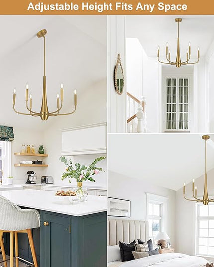 6-Light Gold Farmhouse Chandeliers, Modern Mid Century Candle Pendant Light, Rustic Industrial Metal Hanging Fixture for Dining Room, Kitchen, Bedroom, Living Room, Foyer