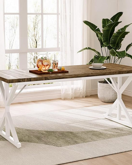 70.8 Inch Rectangular Dining Table for 6-8 People, Farmhouse Kitchen Table with Metal Base & Solid Wood Top, Easy Assembly, Water-Resistant, for Dining Room & Kitchen, Natural & White