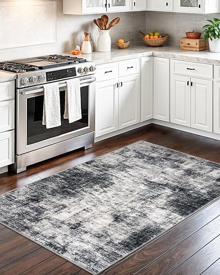 IOHOUZE Abstract Area Rug 3x5 Ft Washable Rugs for Entryway Indoor, Non Slip Kitchen Rug Printed Faux Wool Throw Rugs, Indoor Door Mat for Door Entrance Foyer Living Room, Black Grey