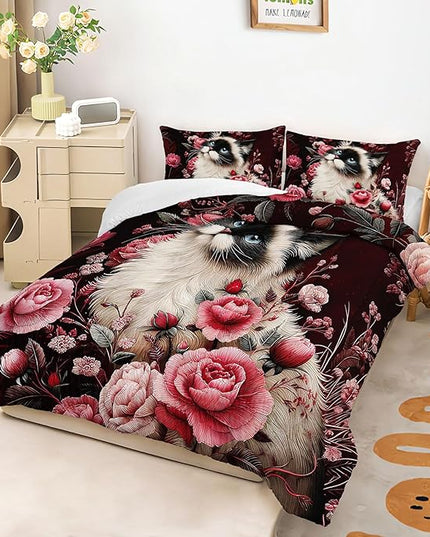 AILONEN Cute Kitten Comforter Set,Kawaii Siamese Cat Bedding Sets for Kids Girls Full Size,Pink Floral Duvet Set with 2 Pillowcase,Soft Breathable and Microfiber