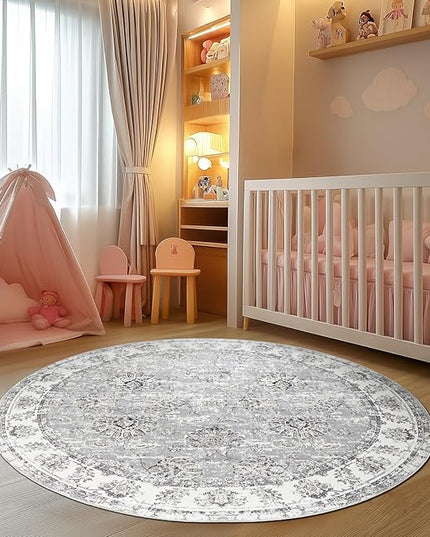 jinchan Fiora Round Rug 6ft Area Rugs Vintage Floral Distressed Design - Machine Washable Non-Slip Low-Pile Ultra-Thin Circle Rug for Entryway Bedside Living Room Dining Room Bedroom (6' Round, Grey)