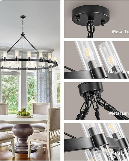 20-Light Large Black Wagon Wheel Chandelier with Glass Shades, 60 Inch Farmhouse Industrial Round Chandelier for High Ceilings, Pendant Lighting Fixture for Dining Living Room Kitchen Island Foyer