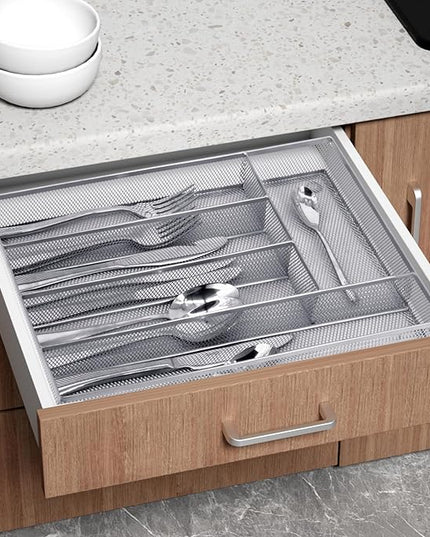 Neudeco Silverware Drawer Organizer Holder, Cutlery Tray Silverware Flatware Storage Divider for Kitchen, Bedroom, Living Room,Mesh Wire with Non-slip foam Feet, 5 Compoment（ Silver）