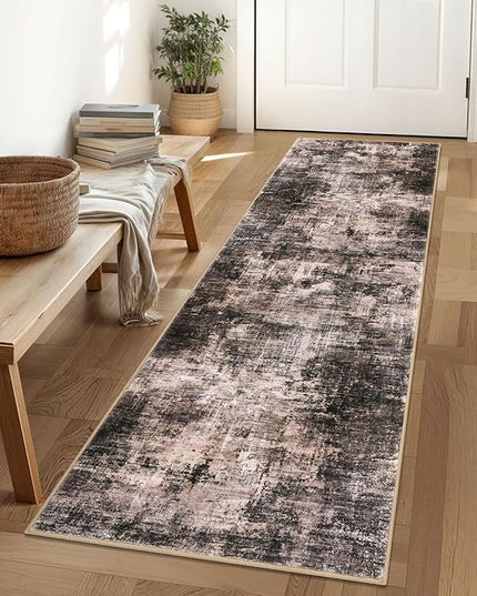 IOHOUZE Abstract Runner Rug 2x6 Ft Washable Runners for Hallways, Non Slip Kitchen Runner Printed Faux Wool Entryway Runner Indoor, Modern Abstract Floor Carpet for Hall Kitchen Bedroom, Brown/Rust