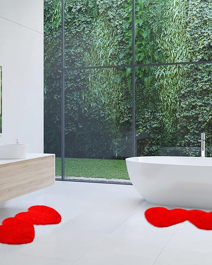 Hoolerry Valentines Heart Rug Double Heart Shaped Bathroom Rug Decorative Non Slip Doormat Washable Love Shag Shower Mat Home Bedroom Living Room 15.75 x 31.5 Inch(Red)