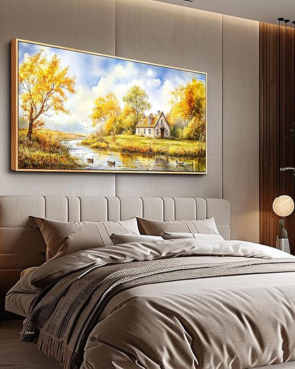 ERQINHUA Large Wall Art For Living Room Canvas Wall Decor For Bedroom Office Dining Room Yellow Pastoral Creek Landscape Painting Prints Pictures Farmhouse Home Wall Decoration 30"x60" Wood Frame