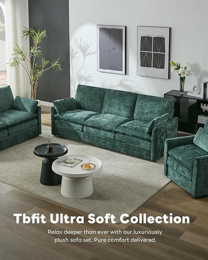Tbfit Modern Couch, 89" Cloud Sofa Spring Seat Cushions, Comfy 3-Seater w/Pillows, Chenille Fabric Removable Covers, Soft Upholstered Living Room Furniture, Home Apartment, Green