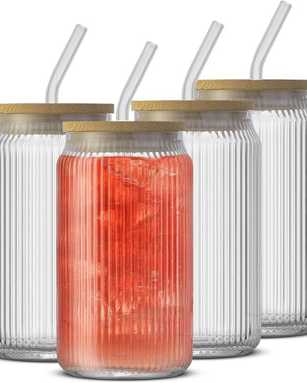 JoyJolt Fluted Glass Tumblers with Bamboo Lids and Glass Straws, Ribbed Can Shaped Drinking Glasses Set of 4, 16oz Cup with Lids and Straws, Iced Coffee Cups, Cocktail/Beer Glasses, Tea Cups