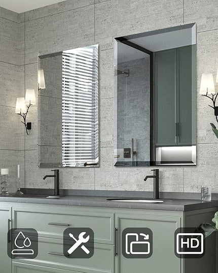 Mirrorons Beveled Mirror, 24" x 36" Frameless Rectangle Bathroom Vanity Mirror with Beveled Edge, Hangs Horizontally or Vertically. Upgraded Shatterproof