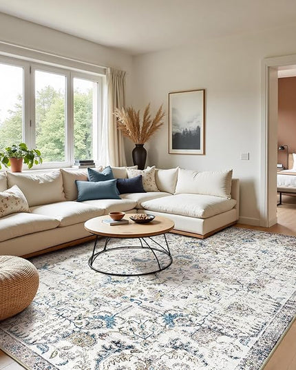 jinchan Area Rug 8x10 Washable Living Room Rug Vintage Indoor Large Floor Cover Retro Distressed Floral Country Boho Lightweight Non Slip Thin Carpet for Kitchen Bedroom Dining Room Office Blue