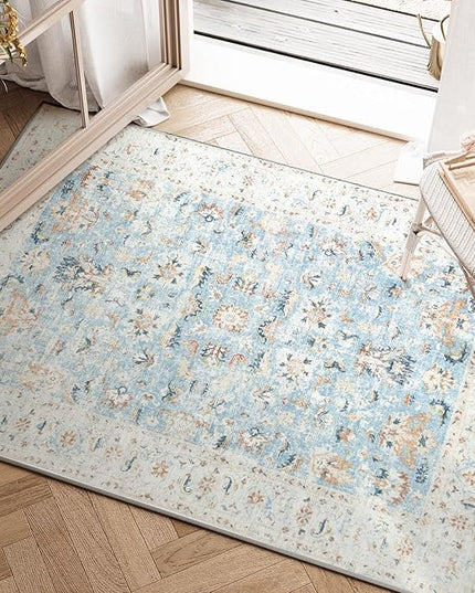 jinchan Area Rug 2x3 Entryway Rug - Washable Vintage Floral Doormat Small Door Mat Indoor Boho Lightweight Thin Non-Slip Retro Distressed Carpet for Doorway Kitchen Bathroom Bedroom Light Blue