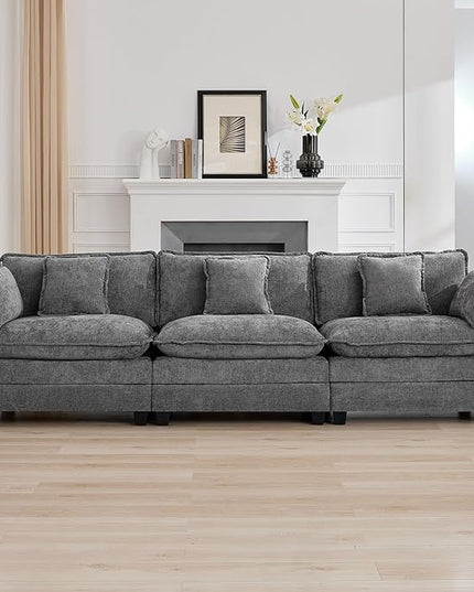 111'' Sectional Cloud Deep Seat Couch, Modern Comfy Chenille Modular Sectional Sofa for Living Room Set, Upholstered Modular 3-Seats Sofa Couch, Grey