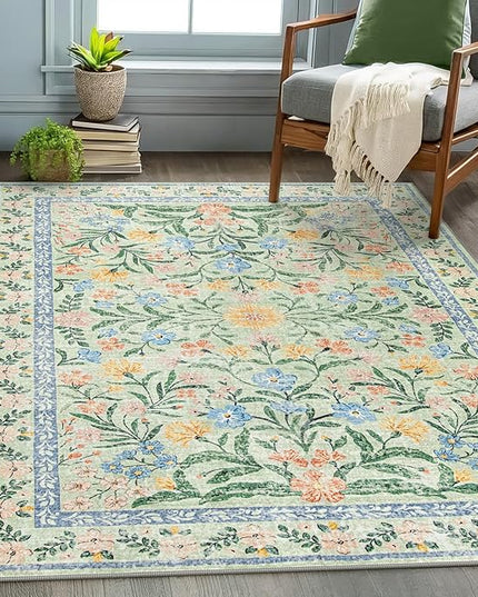 Wonnitar Machine Washable 5x7 Area Rug, Boho Floral Rugs for Living Room Non-Slip, Soft Pink and Green Flower Ultra-Thin Non Shedding Carpet for Bedroom Dining Room Nursery