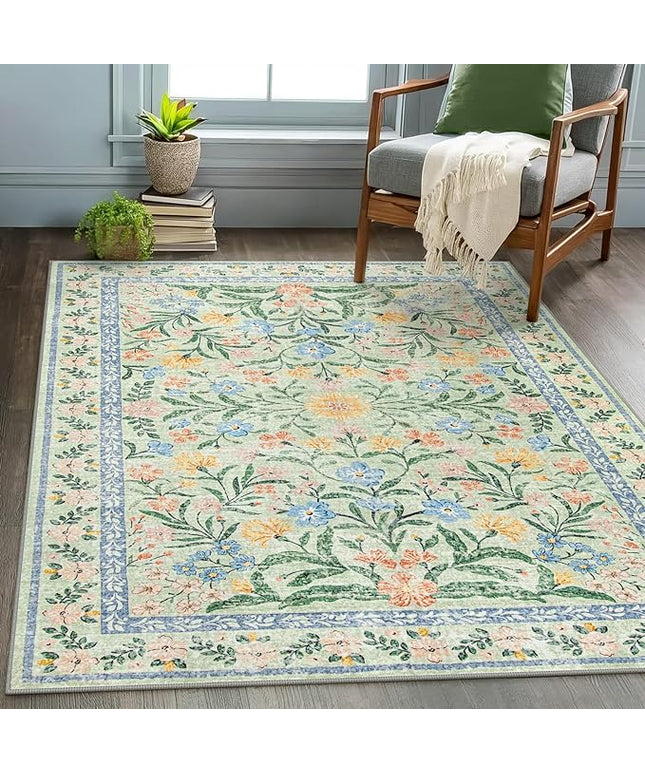 Wonnitar Machine Washable 5x7 Area Rug, Boho Floral Rugs for Living Room Non-Slip, Soft Pink and Green Flower Ultra-Thin Non Shedding Carpet for Bedroom Dining Room Nursery