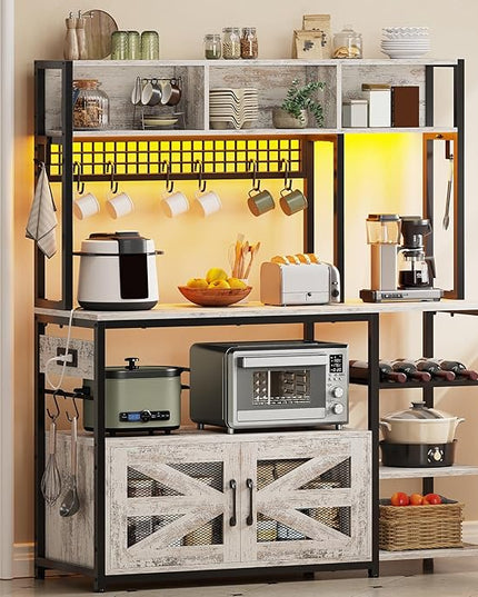 Itaar 47.2 Inch Bakers Rack with Power Outlet, Microwave Stand with Storage, Farmhouse Coffee Bar Cabinet Station with Wine Rack, Iron Mesh and 8-S Hooks, Vintage White