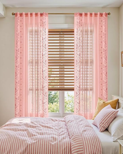 jinchan Winslow Pink Sheer Curtains 84 Inch for Bedroom Living Room Embroidered Bordered Floral Nursery Curtains for Girls Room Dorm Light Filtering, 2 Panels, 50W x 84L