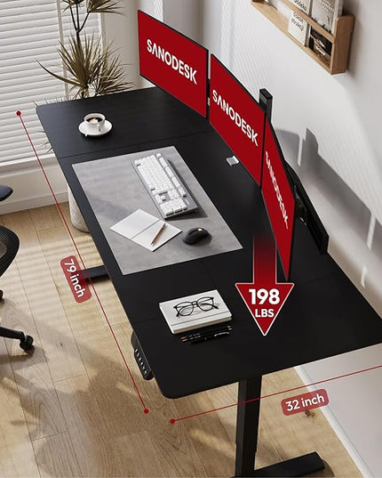 SANODESK Electric Standing Desk 79x32 Inch Height Adjustable Stand Up Desk Home Office Computer Workstation Sit Stand Home Office Desk with Splice Board (Black Frame + Black Top)
